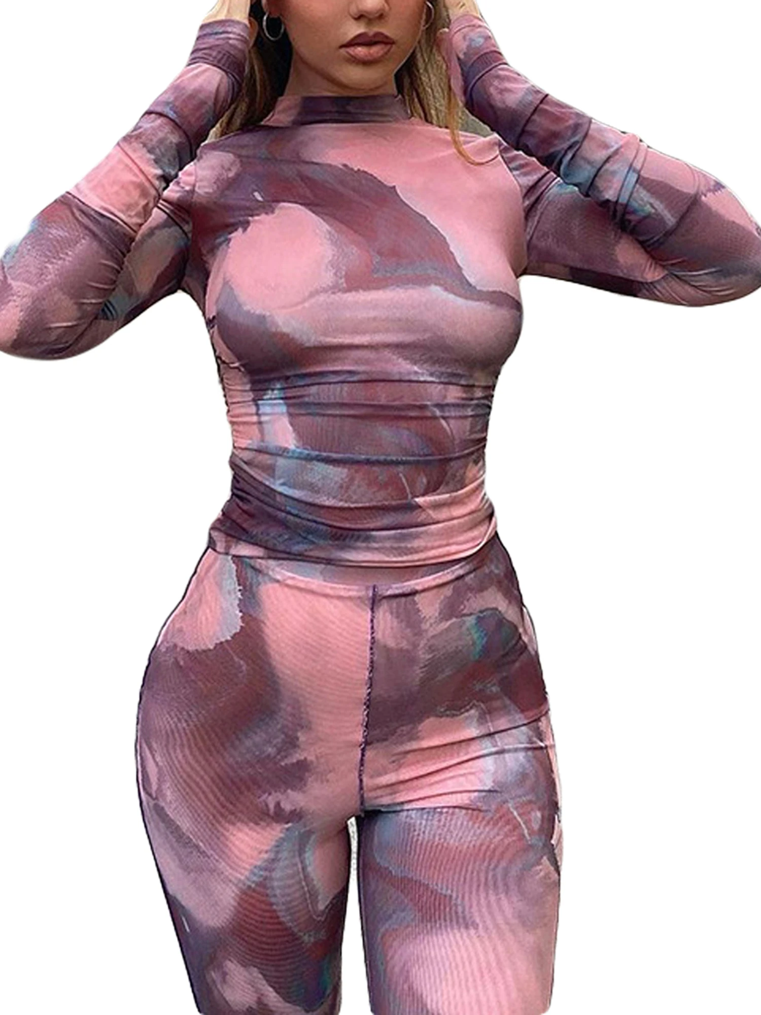 

Women’s T-shirt and Trousers Suit 2Pcs Sets Fashion Printing Mesh Yarn Long Sleeve Tops and Trumpet Pants