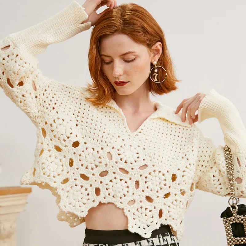 

Женский короткий вязаный свитер TEELYNN в стиле бохо, Осень-зима 2022, женские шерстяные свитера с длинным рукавом и цветочным узором, повседневные джемперы