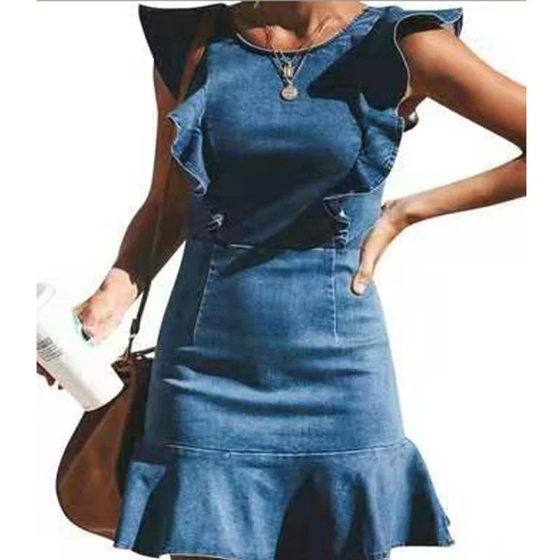 

2021 Fashion Women's Dress New Fall Casual Hot-selling Round Neck Pullover Solid Color High Waist Slim Ruffle Denim Dress