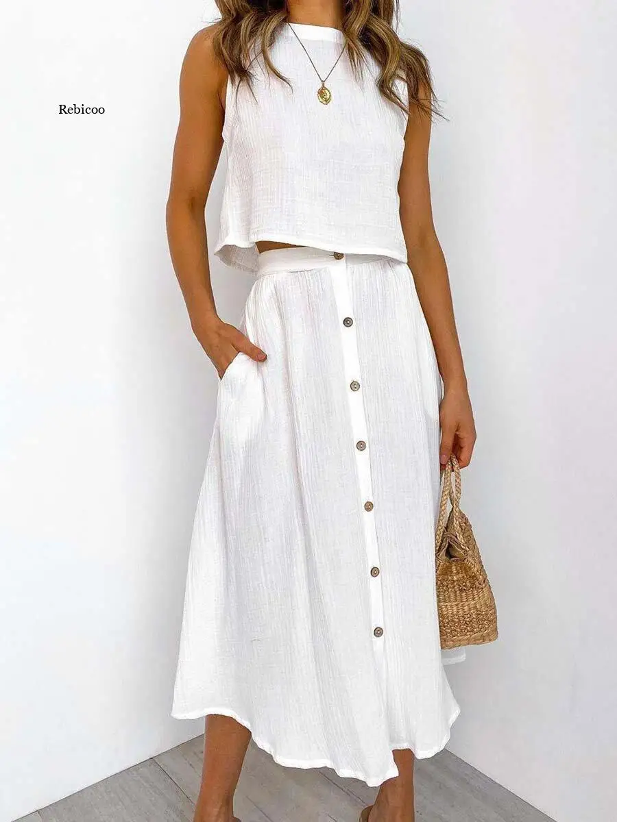 

Loose Casual White Solid Women Skirt Set Sleeveless Crop Tops And Button Pockets Skirts Ladies Suit Summer Beach Style