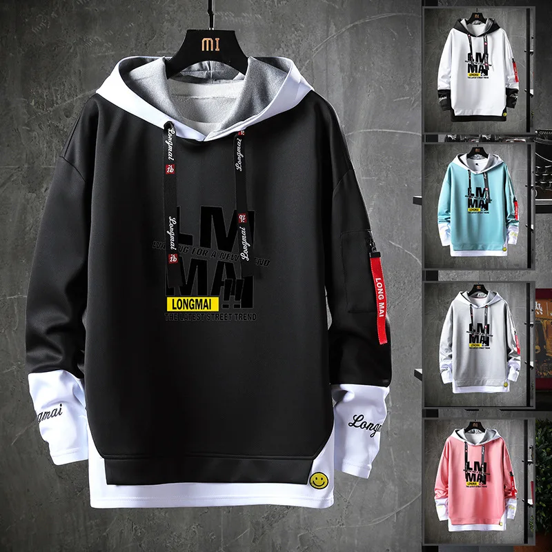 

Hooded Sweatshirt Men's Fake Two-piece Hoodie Long Sleeve Hooded Pullover Student Sportswear Youth Lounge Wear