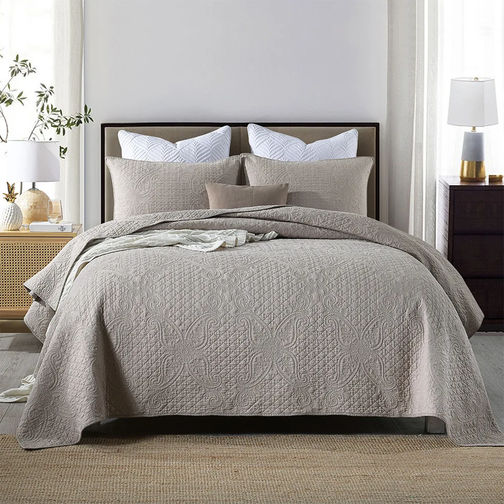 

Cotton Bedspread on the Bed Quilt Set 3-Piece Beige Embroidered Bed Cover Pillowcase Queen Size Simple Quilted Blanket for Bed