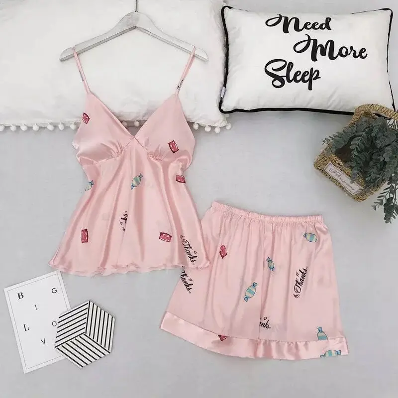 Пижамный комплект для сна сексуальная сатиновая Пижама женская летняя модная с