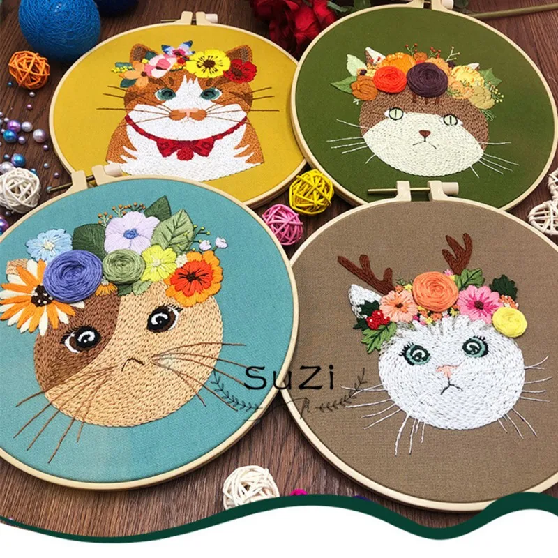

3D Embroidered Cat New Embroidery DIY Beginner Foundation Production Fabric Embroidery Material Bag Home Ornament 1 Pc
