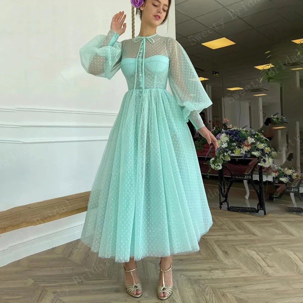 

Aqua Dotted Tulle Short Prom Dresses O-Neck Long Puff Sleeves Illusion A-Line Party Dresses Buttoned Top Tea-Length Prom Gowns