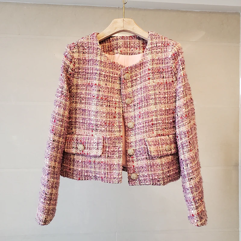 

Женская твидовая куртка на пуговицах, розовая однобортная офисная шерстяная куртка с карманами, винтажная верхняя одежда для осени и зимы, ...