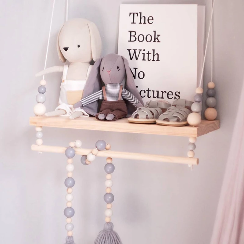 

Wall Wood Rack Nordic Handcrafted Wall Shelf With Clothes Holder Kid Room Hanging Bead Shelf Bedroom Wooden Board Storage Rack