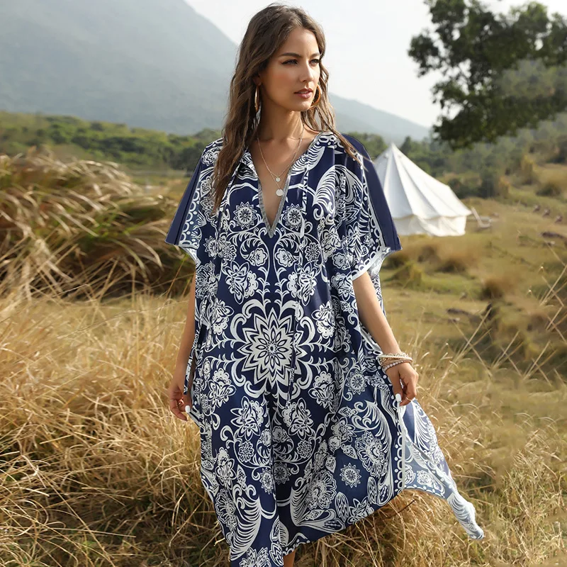 Кафтан с принтом для женщин винтажная туника коротким рукавом пляжа и отдыха
