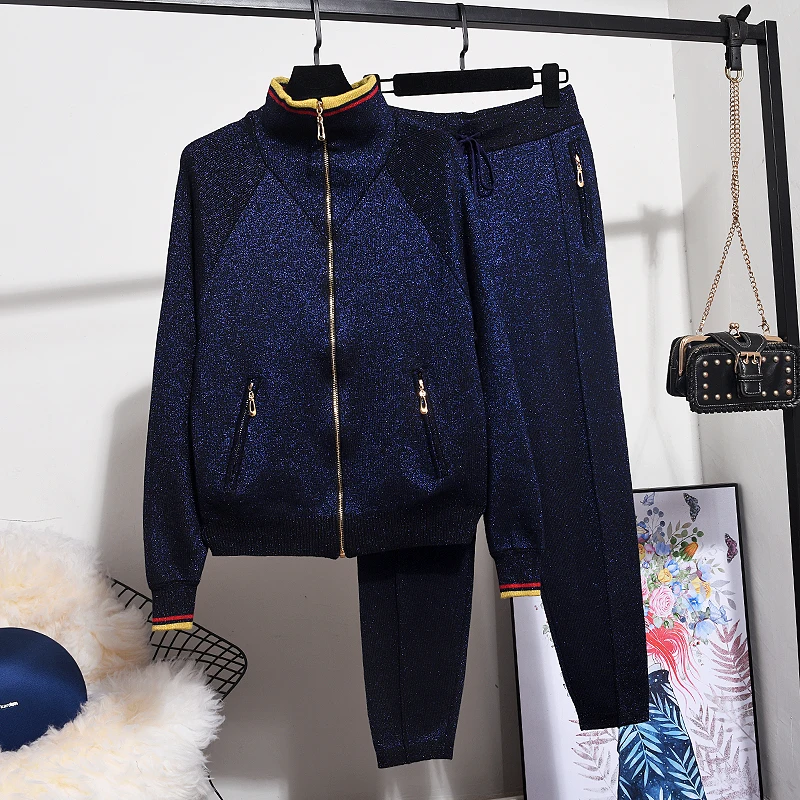 

Dark blue Sports Knitted Tracksuits Women Outfits Bright silk High Collar Zipper Cardigan Coat Long Pants Loose Knit Set Female