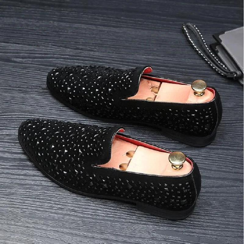 Черные Мужские модельные туфли со стразами роскошные бархатные Мокасины с