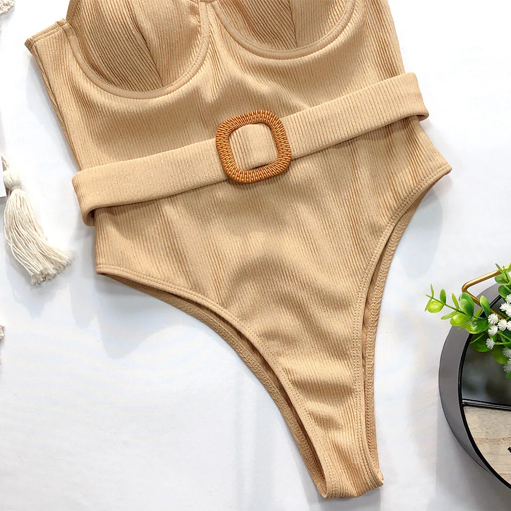 

Solid One Piece Swimsuit Ribbed Black Bikini With Buckle Belt Swimwear For Women Sexy High Cut Monokini Beachwear Bathing Suit