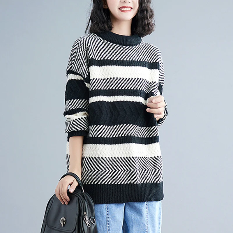

#0127 Retro Striped Sweater In Woman Spring Autumn Long Sleeve Round Neck Sweaters Ladies knitting Tops Female Vintage Thin