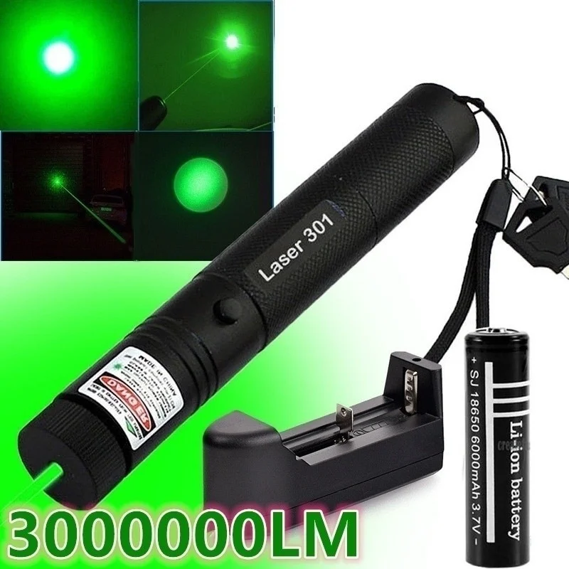 

High Power 5mw Green Laser Pointer Lazer Pen Visible Beam LED PPT Presentation Flashlight Torch Light Burn+18650 Battery+Charger