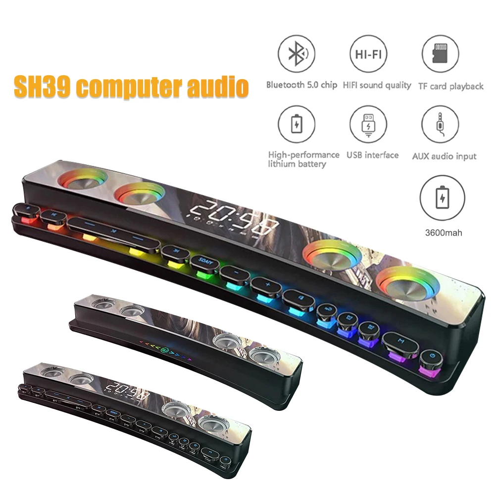 

SH39 Game Speaker Wireless Bluetooth 3D Stereo Subwoofer Soundbar 3600mAh AUX FM Home Clock Indoor Computer Loudspeaker