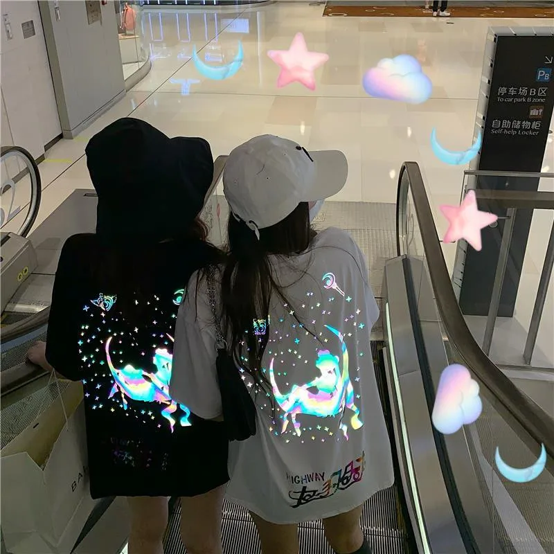 Светоотражающая футболка Sailor Moon уличная мода каваи смешная Харадзюку Япония