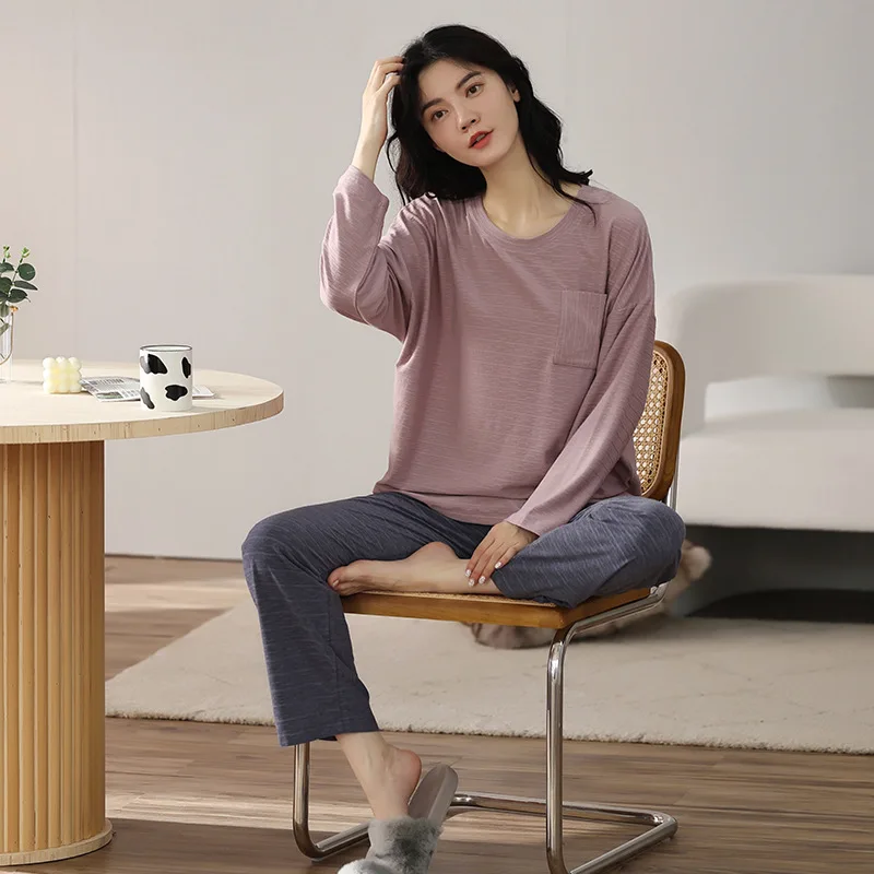 5XL 4XL M-3XL Comfortable Cotton Pajamas Women Korean Fall Winter Home Clothes Long Sleeve Bottoming Shirt + Pant 2 Pieces Set