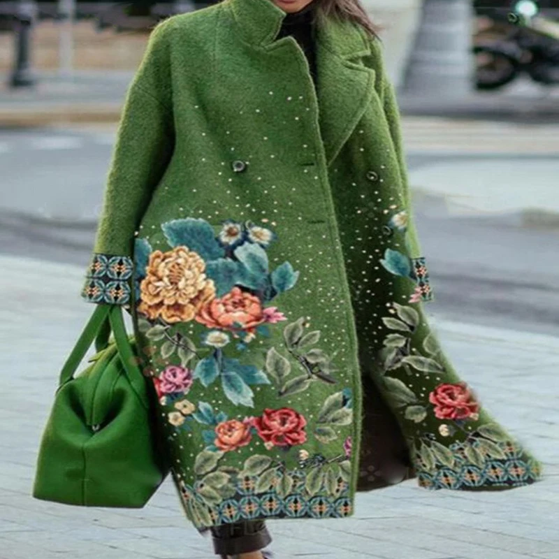 

2021 New Solid Color Temperament Commuter Lapel Loose Green Wool Coat Autumn and Winter Long Wool Coat Coat