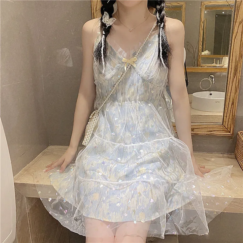 

Fairy Sling Dress Women Korean Summer Sweet Elegant Chic Girl Sleeveless Puffy Dresses Kawaii Cute Sequin Lace Mini Dresses New