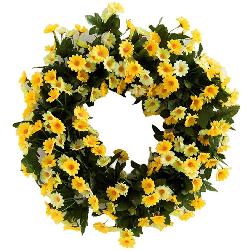 

Artificial Yellow Daisy Spring Wreath Green Leaves Wedding Decoration Home Decoration