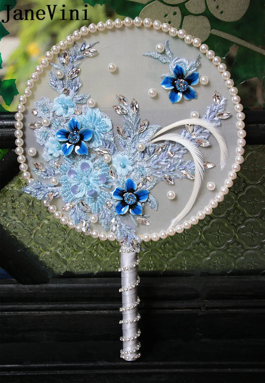 JaneVini голубой свадебный веер китайский стиль вышивка перо Свадебный букет с бисером кристалл жемчуг свадебные вентиляторы аксессуары