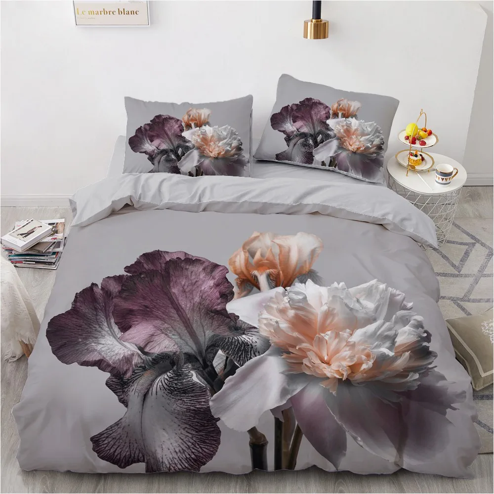 

3D Gray Bedclothes Custom Design Duvet Cover Sets Flower Bed Linen Pillow Slips 200*230cm Full Twin Double Single Queen Size