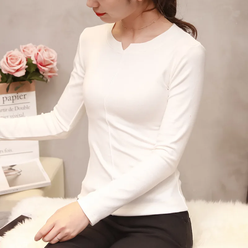 90% хлопок, плотный теплый зимний Топ с длинным рукавом, Женские базовые пуловеры, корейский розовый свитер для женщин, джемпер, Повседневная хлопковая рубашка - Цвет: Белый