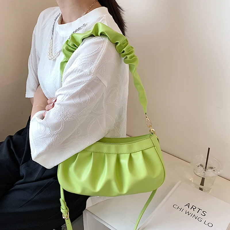 

PU Leather Cloud Bags For Women 2021 Solid Color Pleated Dumpling Clip Shoulder Messenger Bags Handbags and Purses Travel Totes