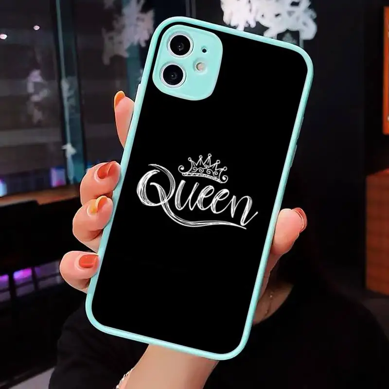 

King Queen Crown Phone Case For iPhone 12 11 Mini Pro XR XS Max 7 8 Plus X Matte transparent blue Back Cover