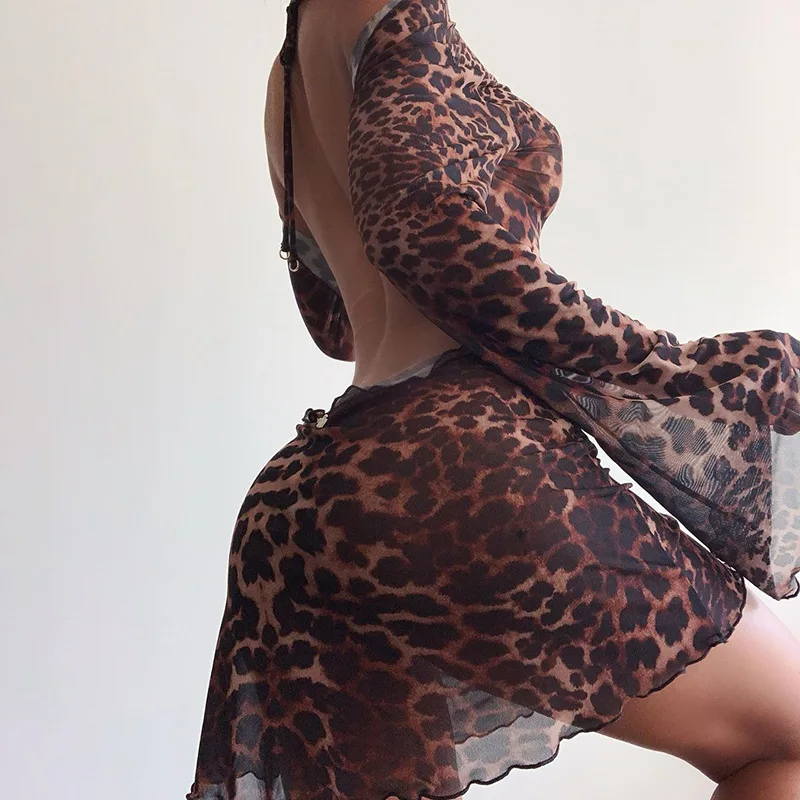 Party Night Sexy Leopard Backless See-Through Clubwear Dress Women Stylish Flared Sleeves Lace Up Bodycon Mini Street Dresses stylish mid waisted see through lace embellished women s jeans