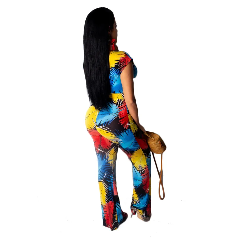Contrast Color Leaves Print Women 2 Piece Suit Sexy V Neck Short Sleeve Lace Up Crop Top+Casual Full Pants Big Size Set | Женская одежда