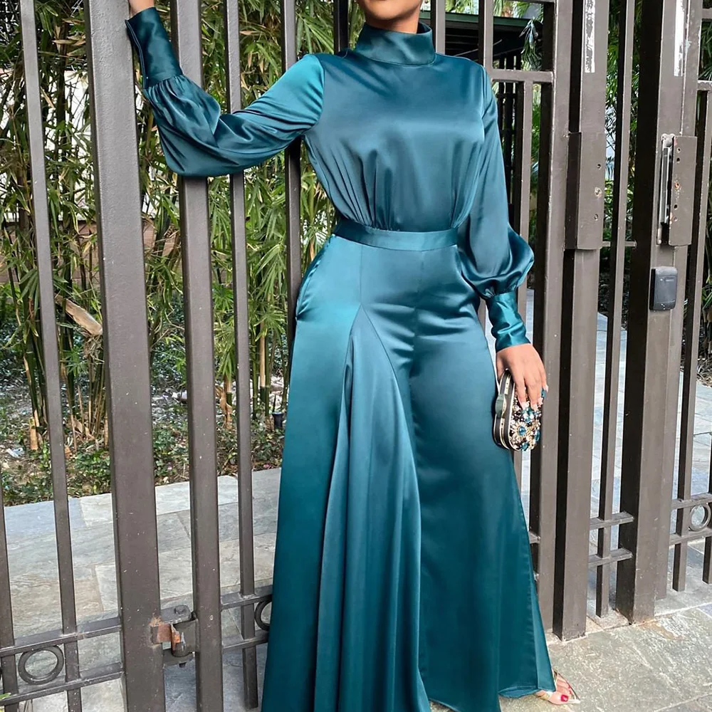 Винтажный женский офисный комбинезон зеленого цвета с высоким воротом высокой