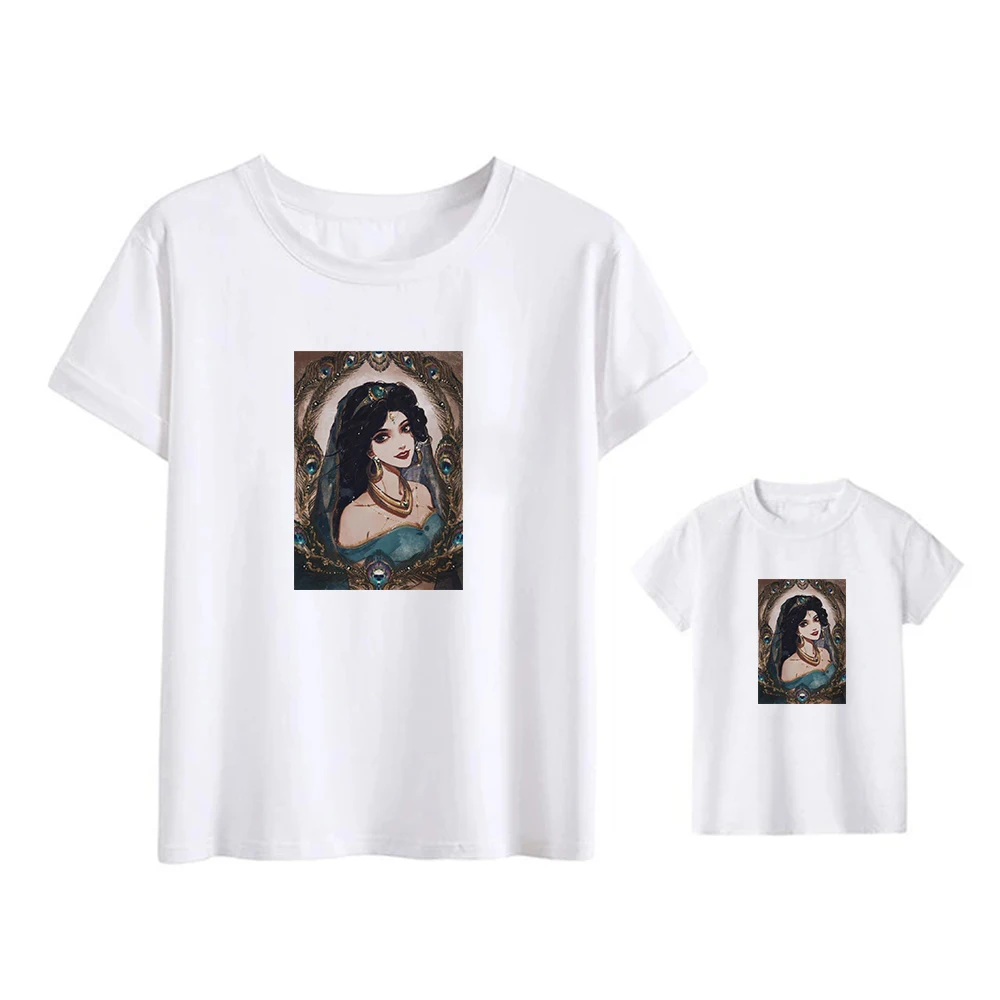 

Disney Aesthetic Jasmine Princess Family Look T-shirts Vogue Trend Mommy and Me Clothes Cute Girl Tops Mom White Plus Size Shirt