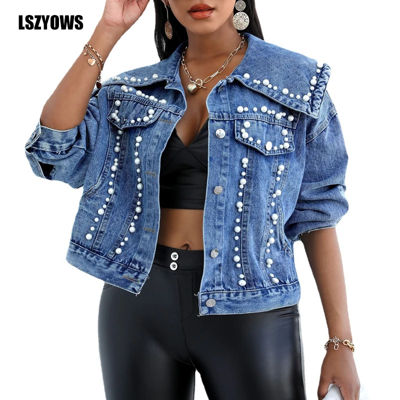 

Autumn Winter Pearl Beading Short Denim Jackets Women Casual Jean Bomber Jacket Turn Down Collar Long Sleeve Vintage Denim Coats