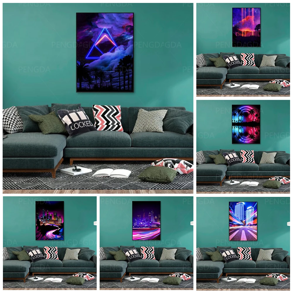 

Canvas Wall Art HD Prints Poster Synthwave Neon City Home Decoration Painting Landscape For Bedroom Modular Pictures Framework