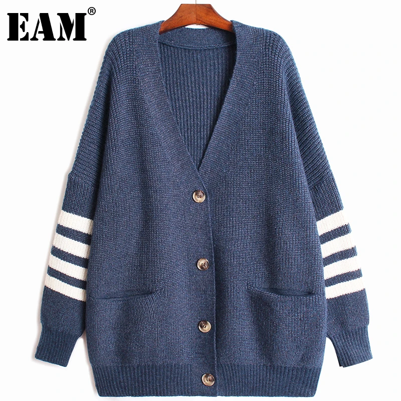 

[EAM] полосатый вязаный кардиган большого размера, свитер, свободный крой, v-образный вырез, длинный рукав, Женская Новая мода, Осень-зима 2021 ...