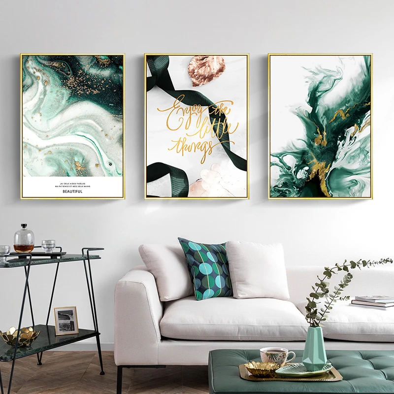 

Green Agate Abstract Canvas Painting Golden Leaf Nordic Posters and Prints Wall Art Pictures for Living room Modern Home Decor