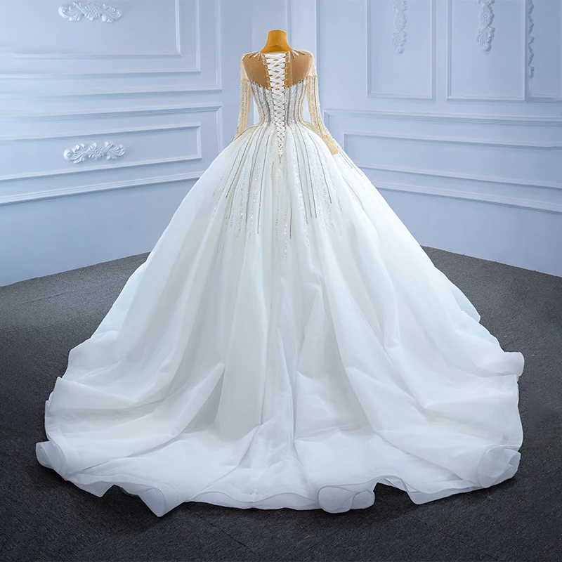J67263 JANCEMBER White Sequined Embellished Wedding Dress Long Sleeves Transparent Lace High Neck Tassel Gown Trouwjurken