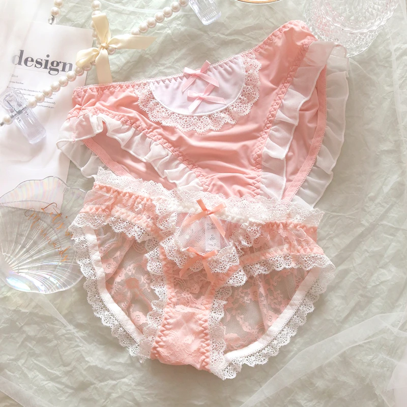 

Розовые сексуальные трусики в японском стиле, нижнее белье горничной, красивые кружевные трусики с бантиком и оборками, трусики для девочек...