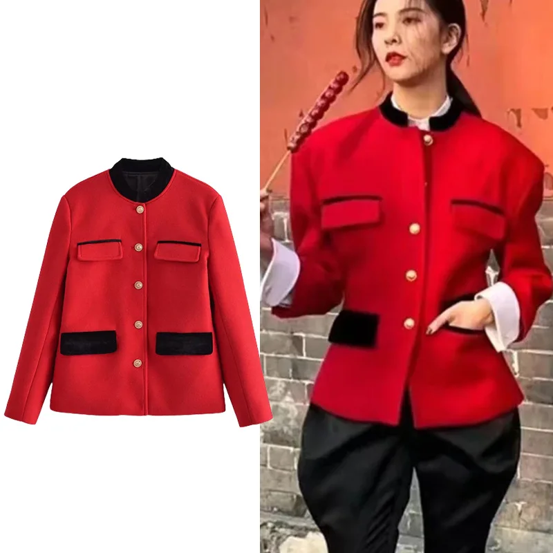 

TRAF Za New 2021 Women's Fashion Black Silk Stitching Woolen Cloth Blazers Coat Woman Vintage Casual Long Sleeve Blaczer Tops