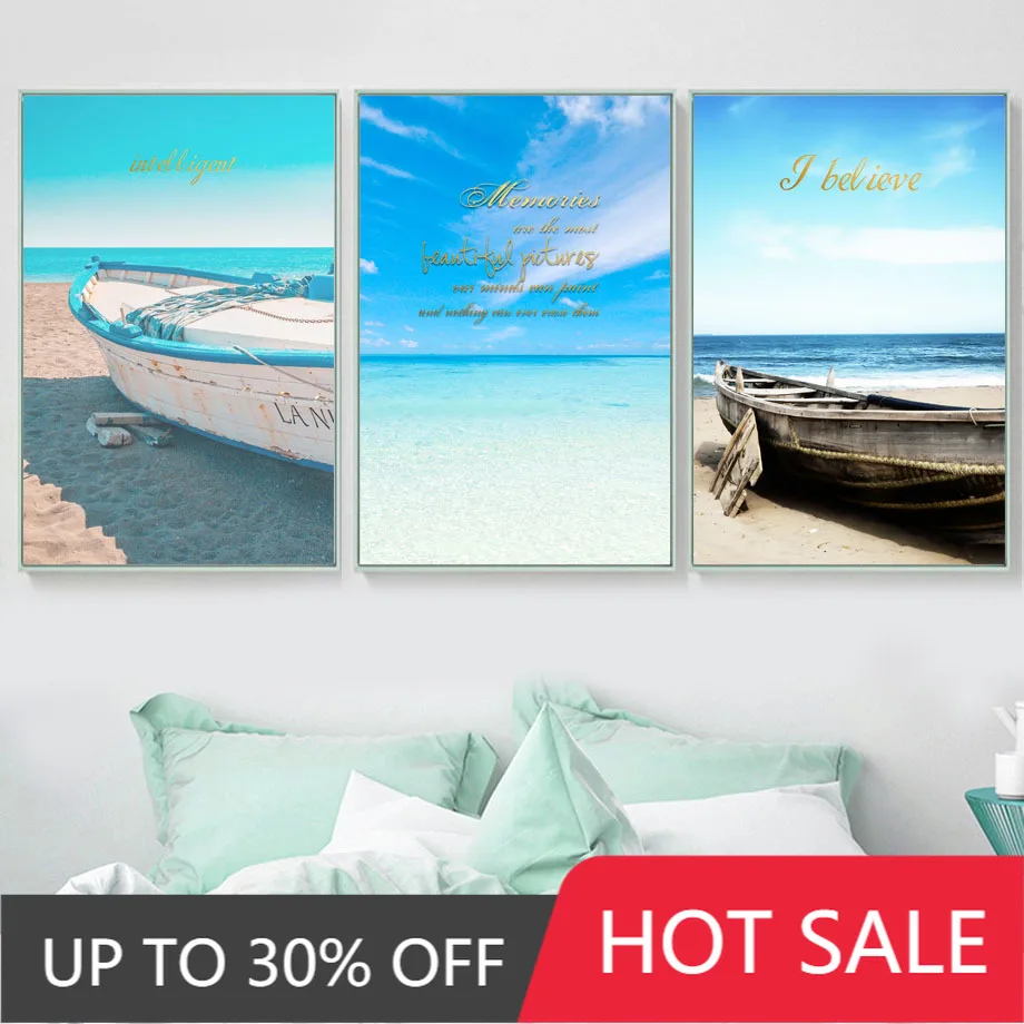 Голубое небо пляж корабль пейзаж роспись искусство холст живопись скандинавские