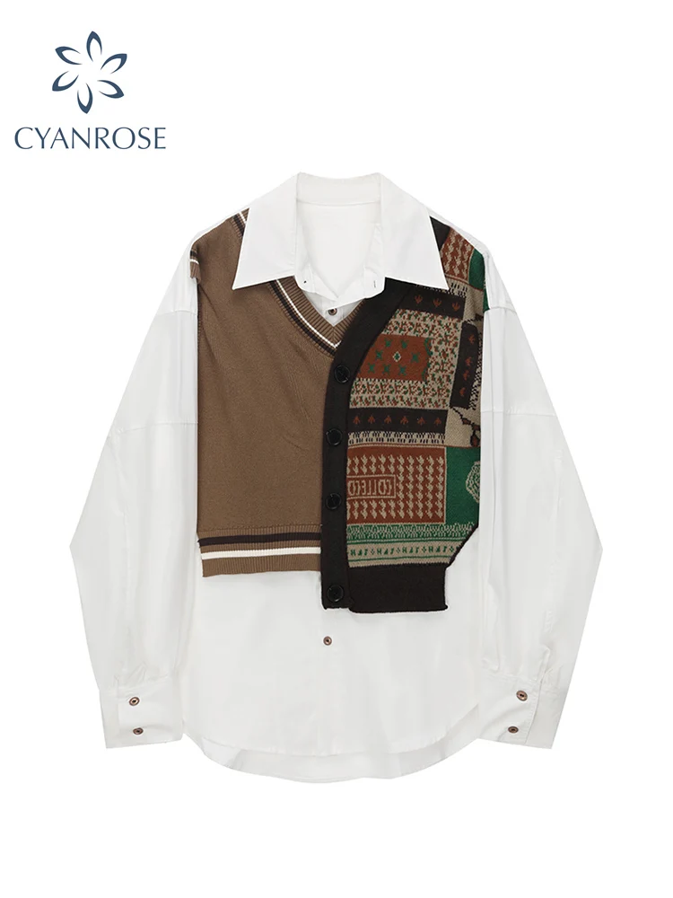 

Рубашка женская вязаная с длинным рукавом, модный винтажный топ в стиле пэчворк, элегантная свободная офисная блузка с имитацией двух предм...