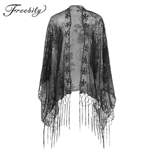 Женская элегантная шаль 160x60 см, винтажный Блестящий шарф 1920s, сетчатая Свадебная накидка с блестками, вечернее платье с бахромой, шаль, накидка