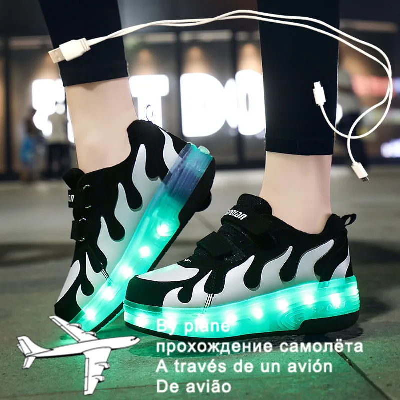 Дети Мальчики светящиеся белые кроссовки с двойной два колеса роликовые коньки