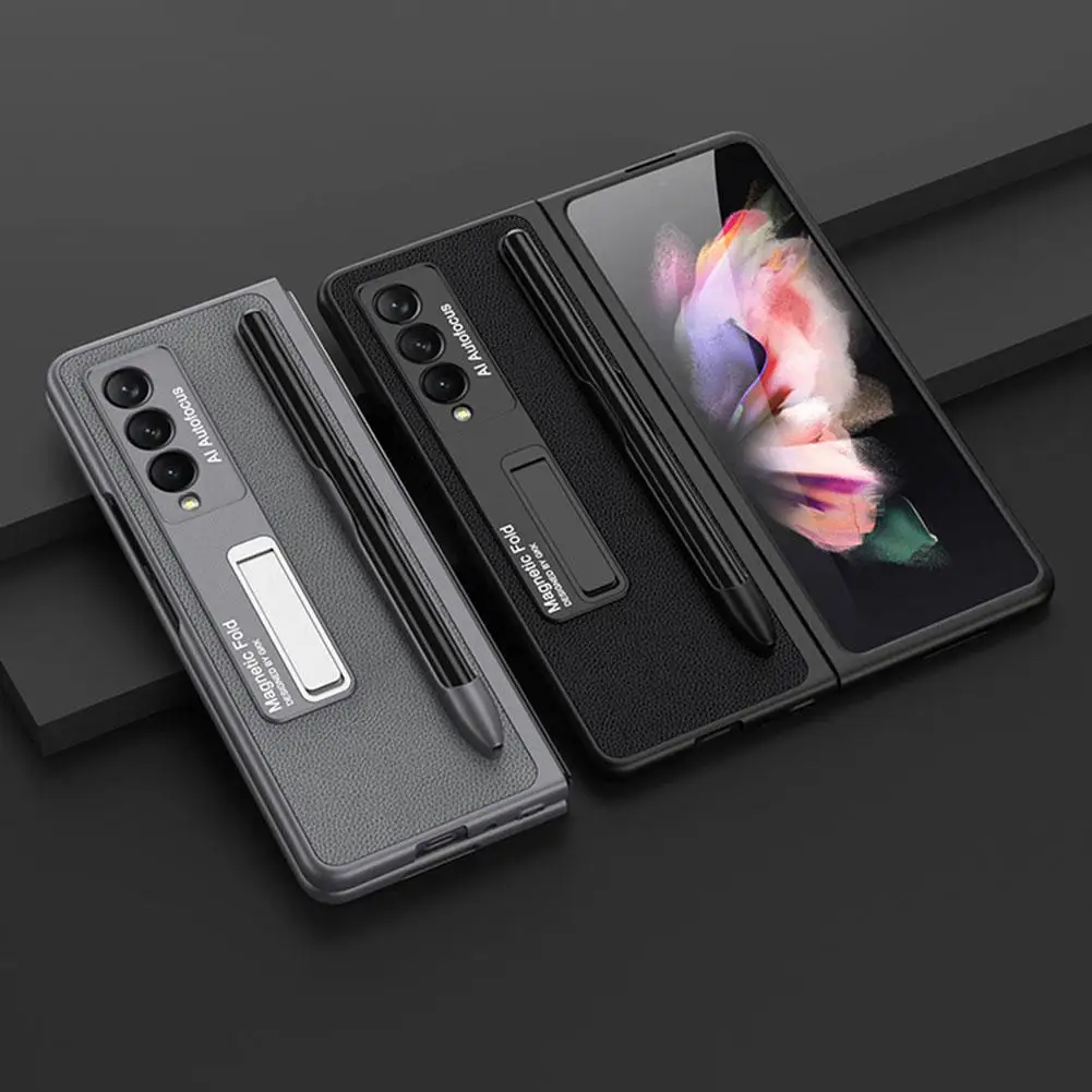 fashion pu leather lychee pattern pen slot case for samsung galaxy z fold 3 5g phone cover with holder luxury cases for fold3 free global shipping