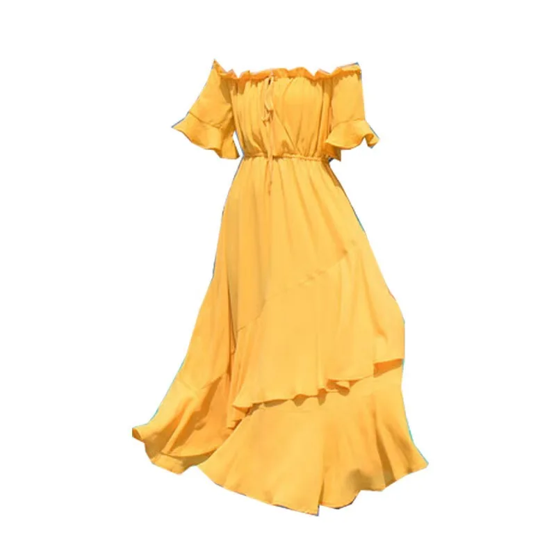 Retro Fairy Beach Dress Summer Yellow Chiffon Seaside Vacation Word Shoulder Female Solid Color | Мать и ребенок