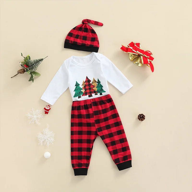 

Christmas Baby Girls Boys Outfit Infant Tree Printing Long Sleeve Round Collar Romper Plaid Long Trousers Cap 3pcs Set 0-18M