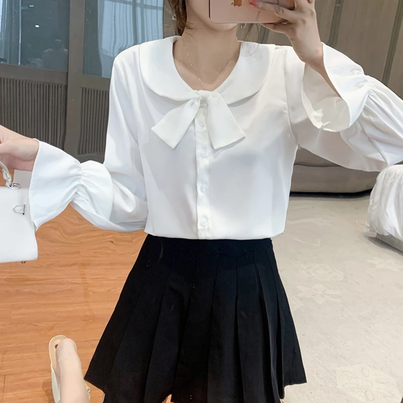 

Peter Pan Collar Long-sleeved Blouse Women Spring 2021 New Korean Style Loose Puff Sleeve Chiffon Top Solid Color Lady Clothes