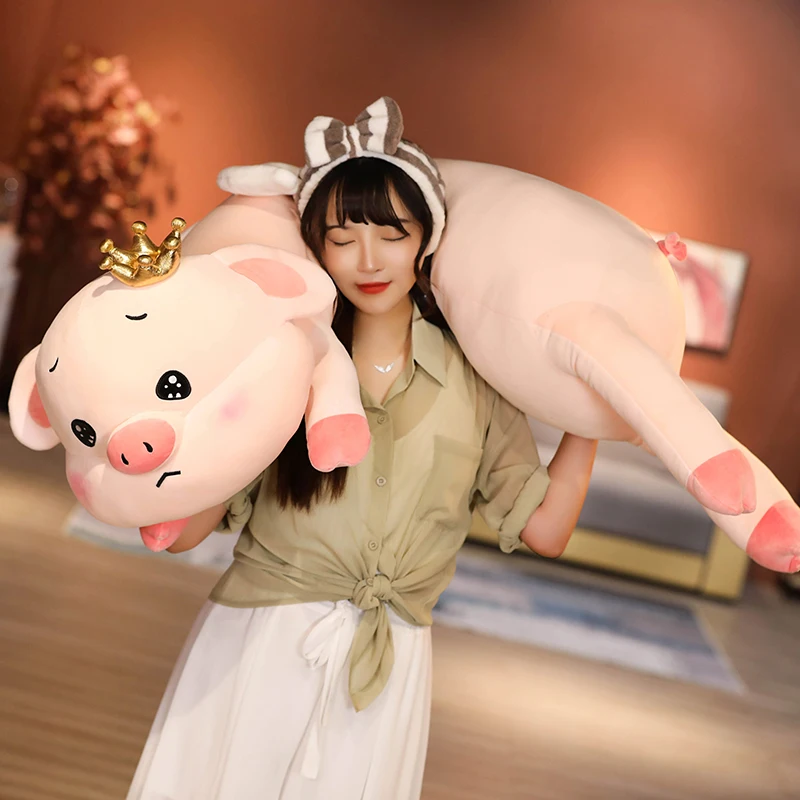 

80/100cm Giant Squishy Crown Pig Stuffed Doll Lying Plush Piggy Toy Animal Soft Plushie Pillow Kids Baby Comfort Gift for Girls