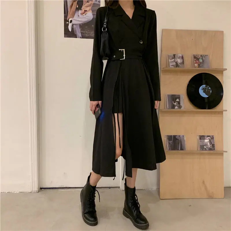 

Spring and Autumn 2021 New Black Suit Collar Design Small Crowd Long Skirt Waist Show Thin Temperament Dress Goddess