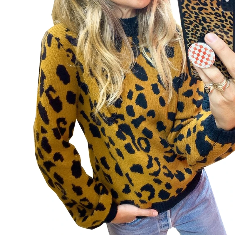 

Women Autumn Winter Long Sleeves Round Neck Warm Knitted Sweater Leopard Print Casual Pullover Loose Tops Female Jumper Streetwe